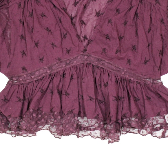 Free People Sheer Embroidered Lace V Neck Crop Top - Picture 2 of 6